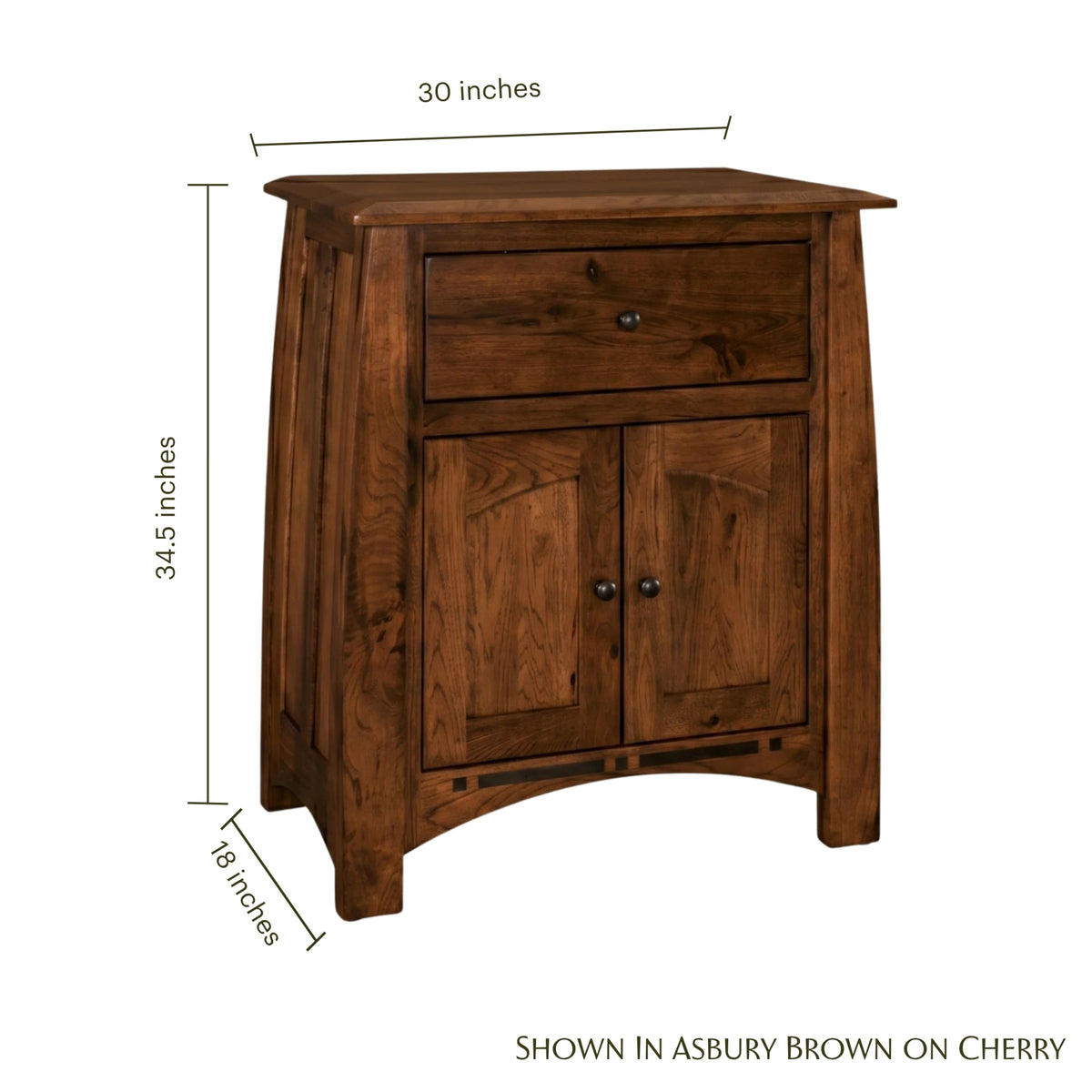 Artisan Inlay Wide Nightstand in brown cherry wood with dimensions shown.