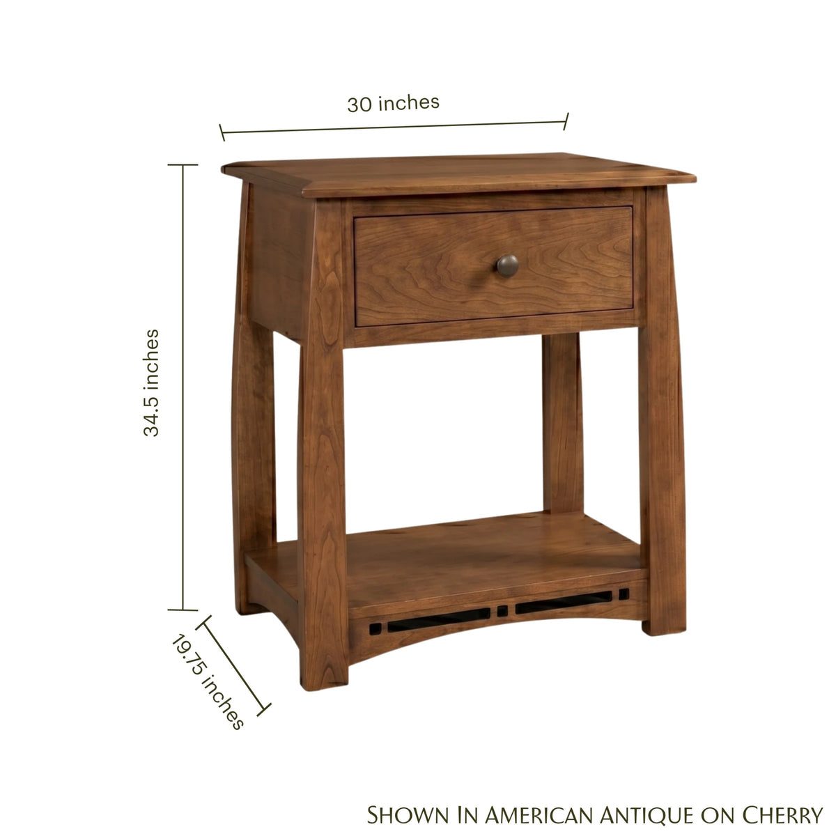 Artisan Inlay Wide Nightstand in cherry wood with dimensions of 30 by 34.5 by 19.75 inches