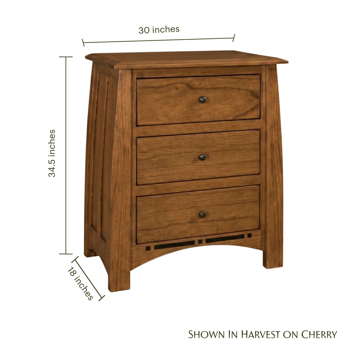 Artisan Inlay Wide Nightstand in cherry wood with three drawers and dimensions shown.