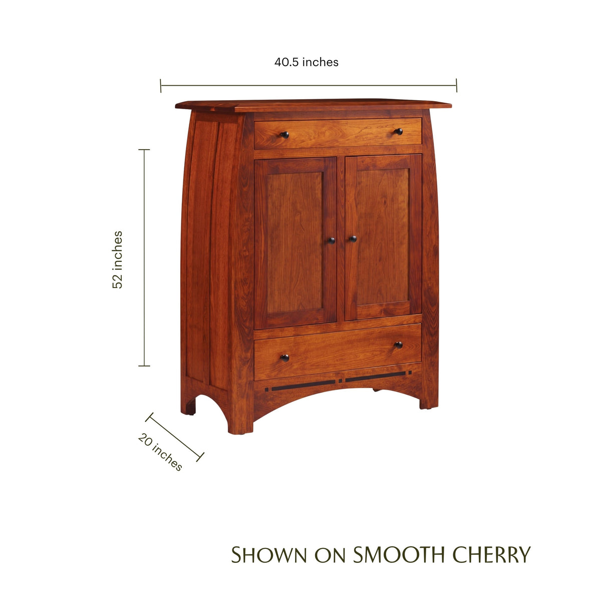 Aspen 2-door cherry wood console cabinet with dimensions shown
