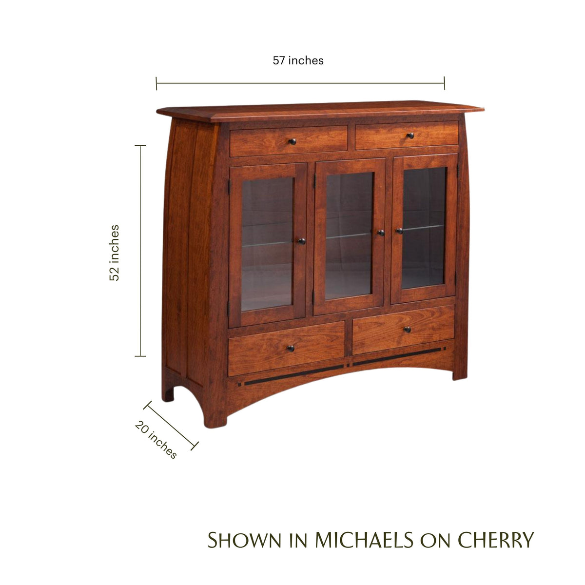 Aspen 3-door cherry wood console cabinet with glass doors and dimensions shown.