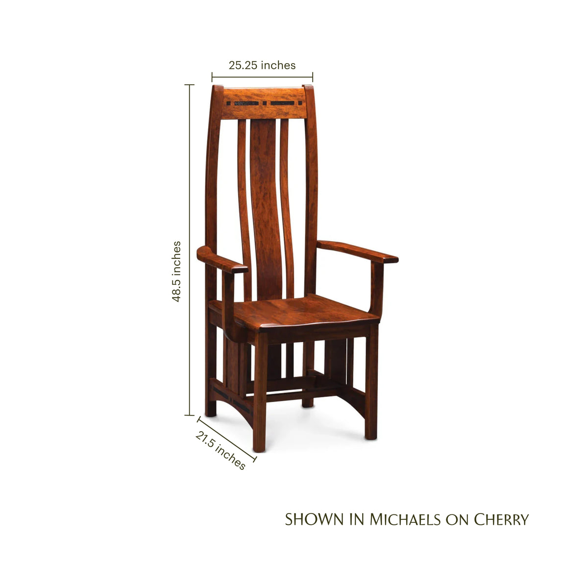 Aspen Arm Chair in Michaels on Cherry wood with dimensions and inlay details