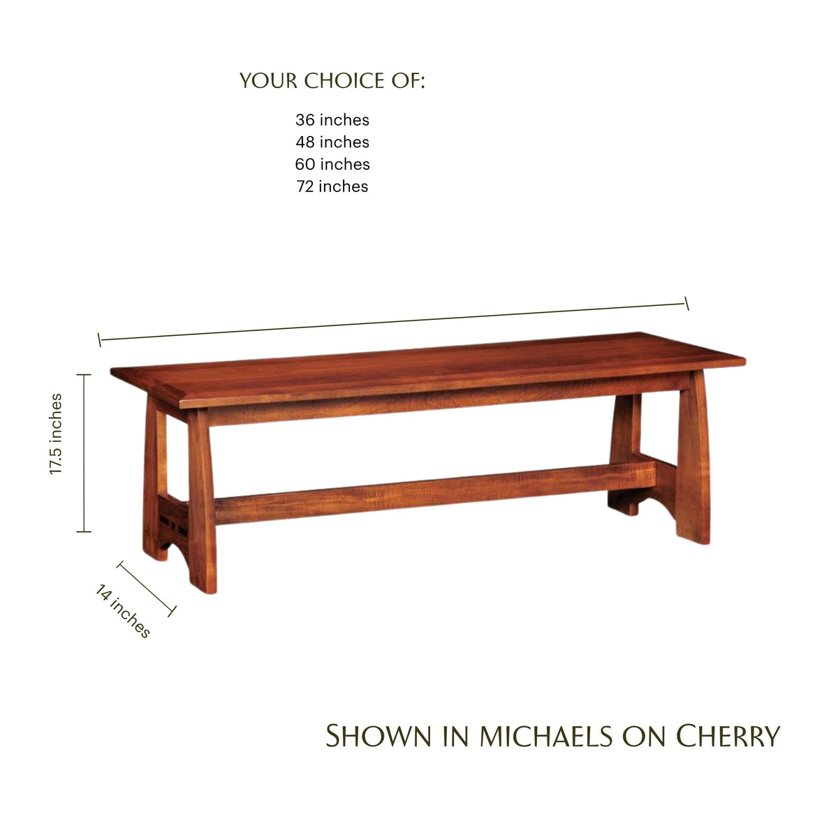 Aspen solid cherry wood dining bench with dimensions and size options.
