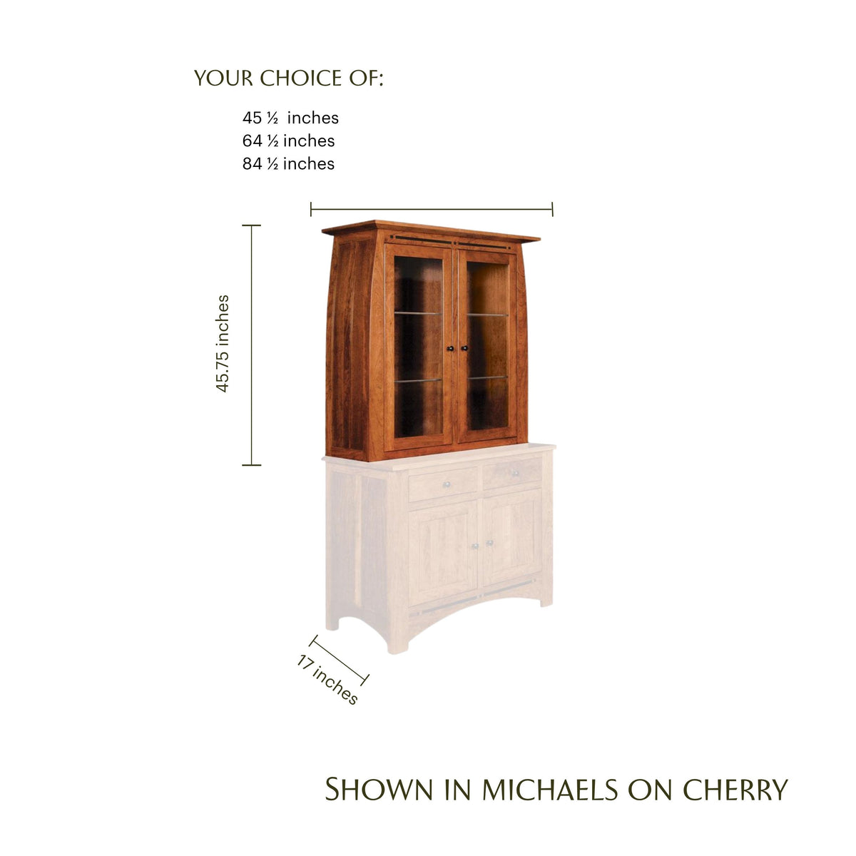 Aspen Closed Hutch Top in Michaels on Cherry wood with dimensions.