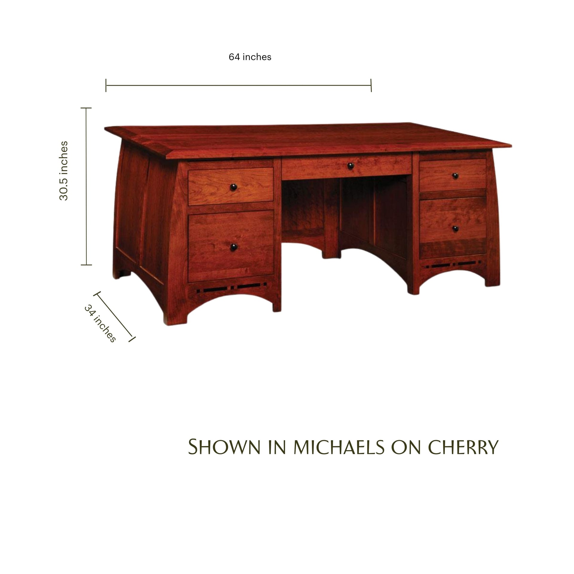 Aspen cherry wood executive desk with dimensions and craftsman inlay details.