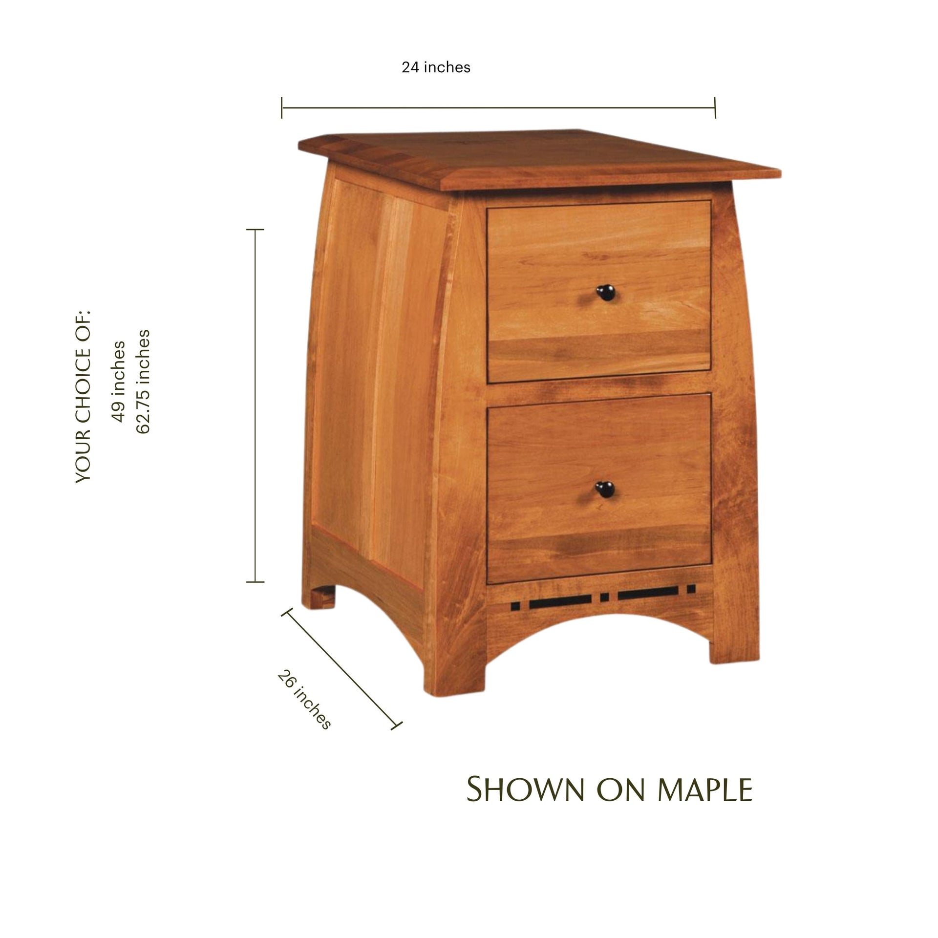 Aspen two-drawer maple file cabinet with craftsman inlay and dimensions.