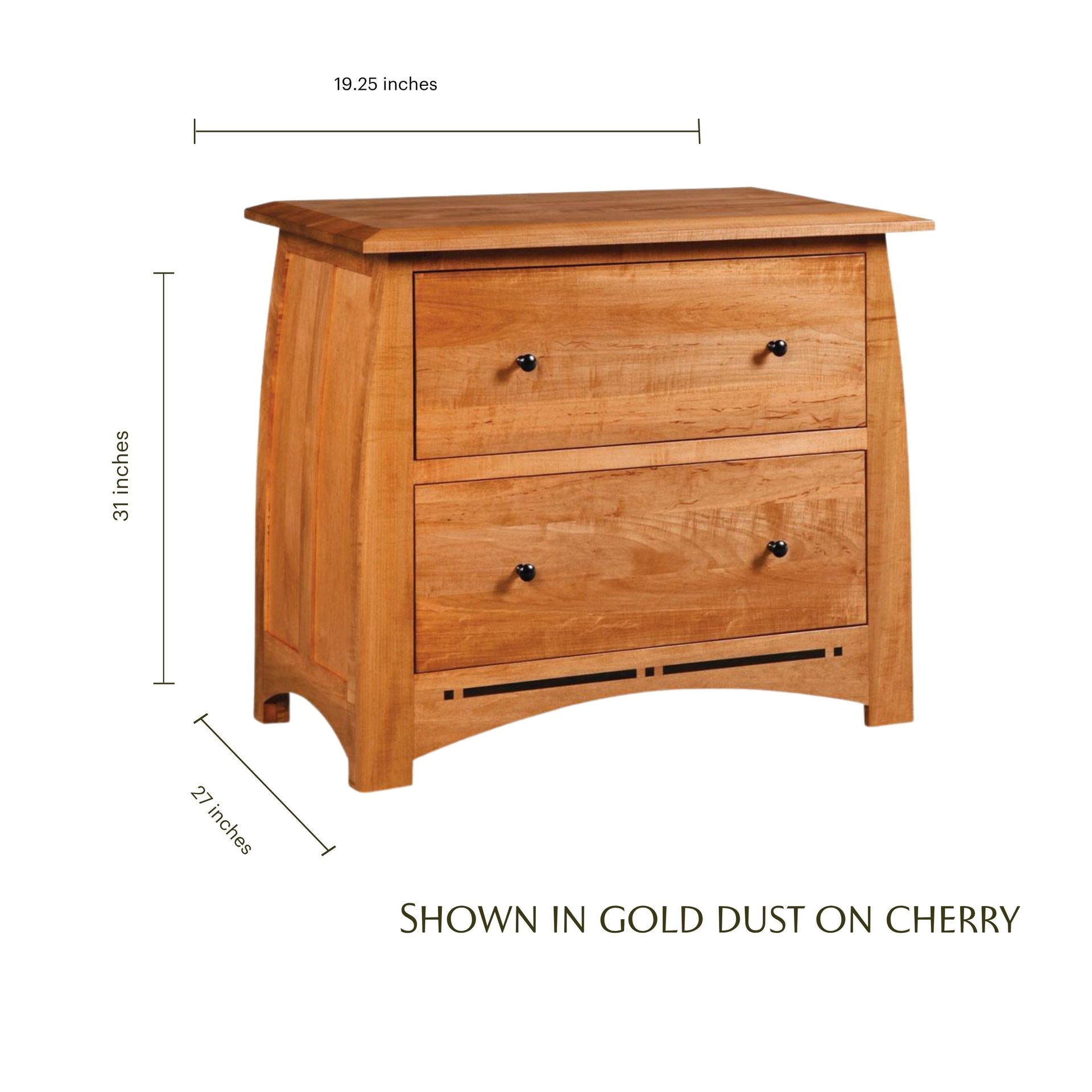 Aspen lateral file cabinet in gold dust on cherry wood with dimensions shown