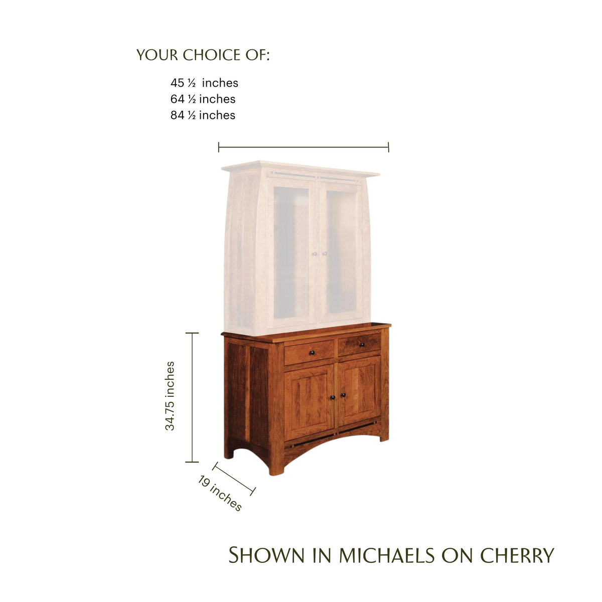 Aspen Hutch Base in Michaels on Cherry wood with dimensions.