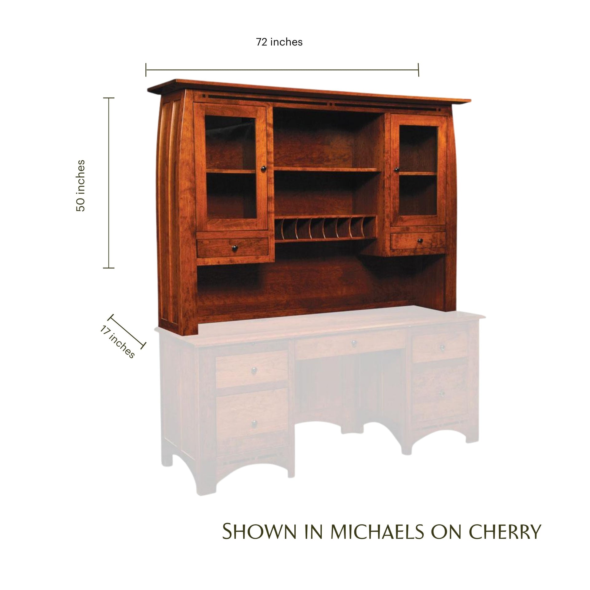 Aspen cherry wood hutch top with dimensions, glass cabinets, and shelves for executive desk.