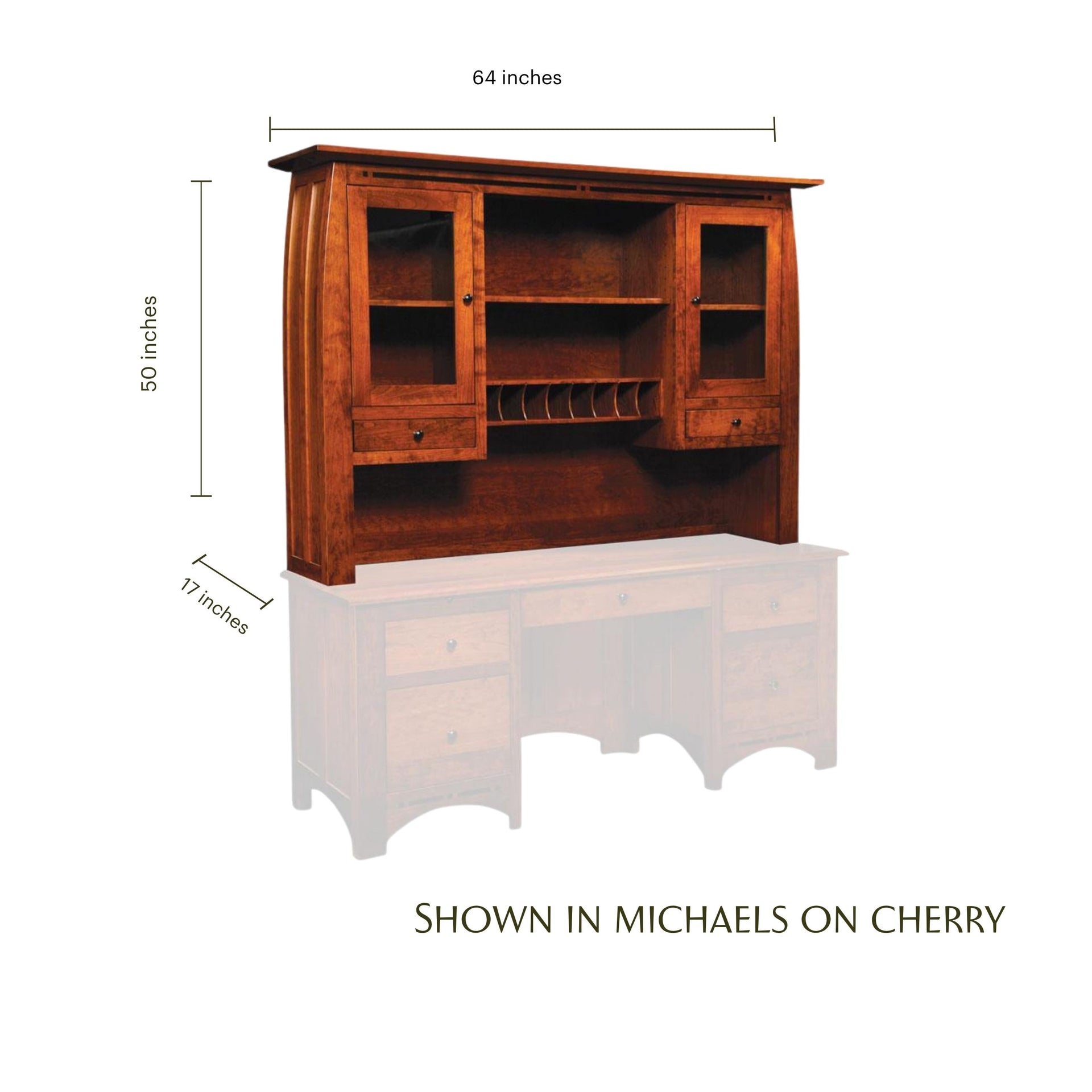 Aspen cherry wood hutch top with dimensions, glass doors, and shelves for executive desk