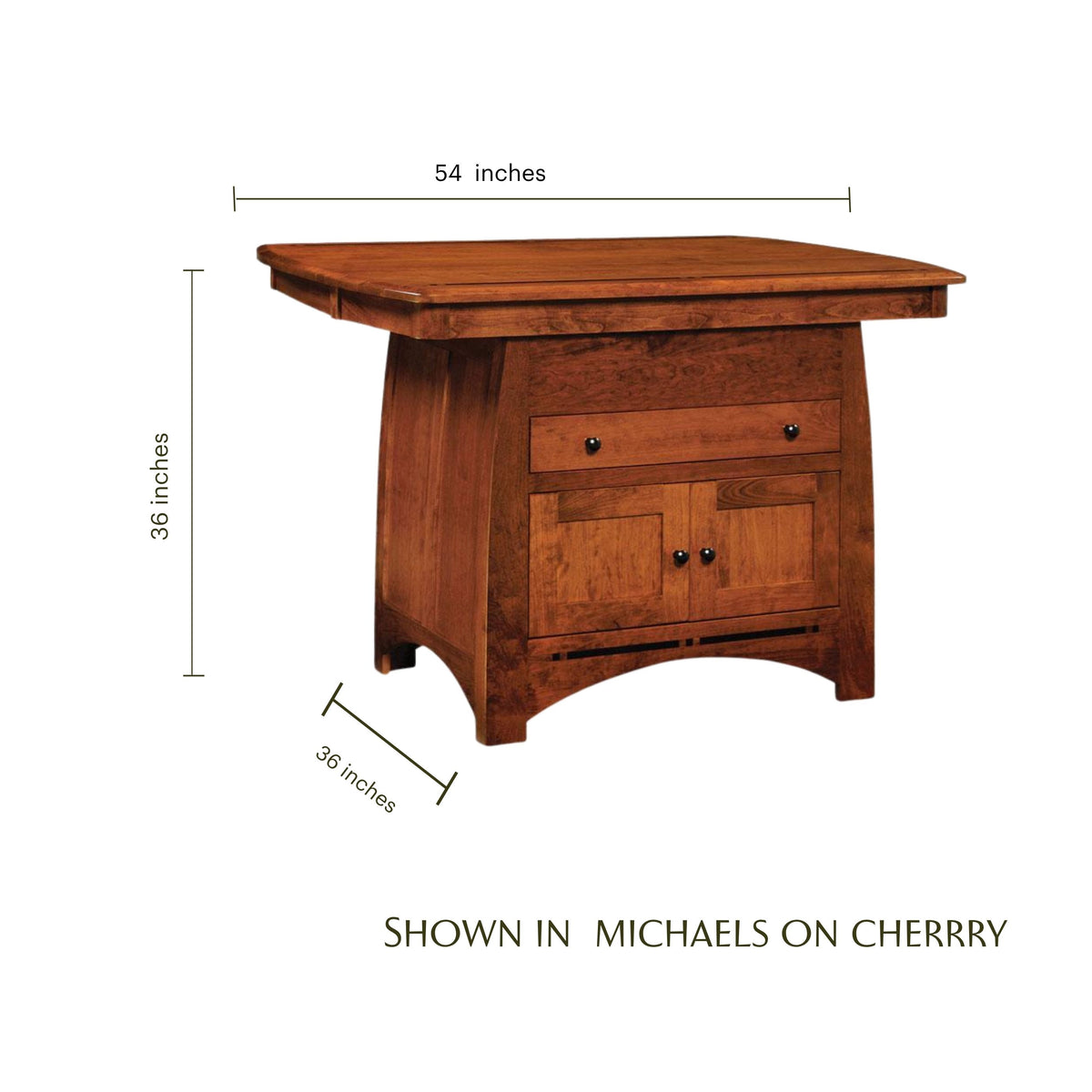 Aspen cherry wood island table with dimensions of 54 inches wide by 36 inches high and deep.