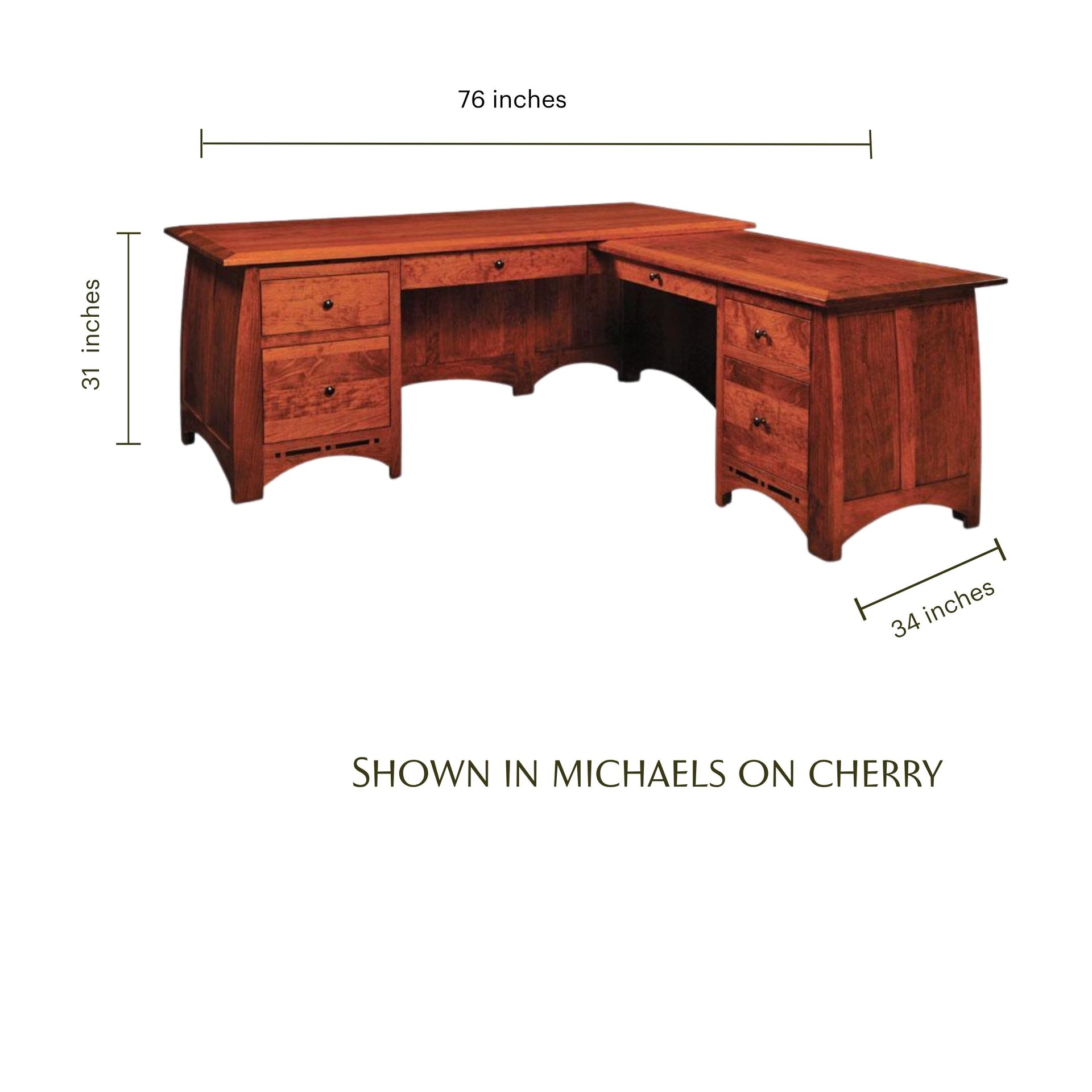 Aspen L-shape wooden desk in Michaels on Cherry finish with dimensions.