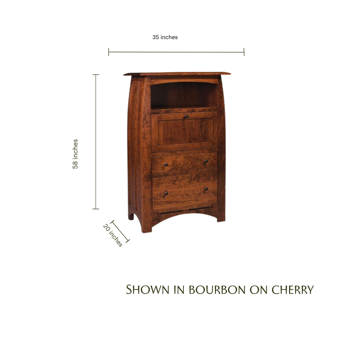 Aspen cherry wood laptop cabinet with dimensions: 58" H x 35" W x 20" D