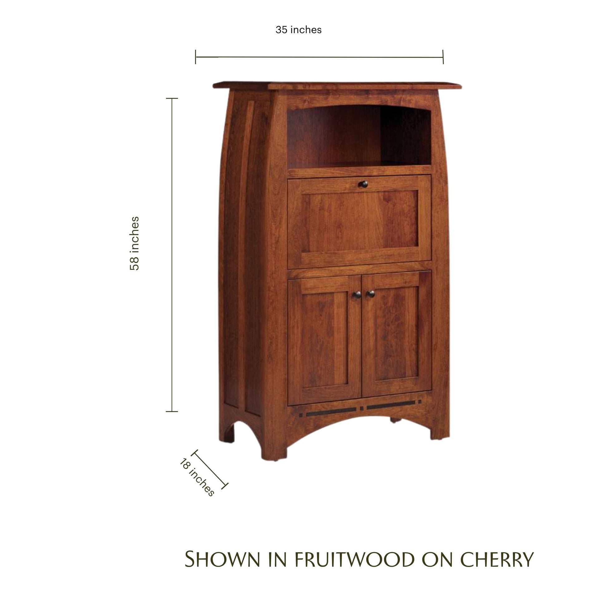 Aspen cherry wood laptop cabinet with dimensions, featuring craftsman inlay and drop-down desk.