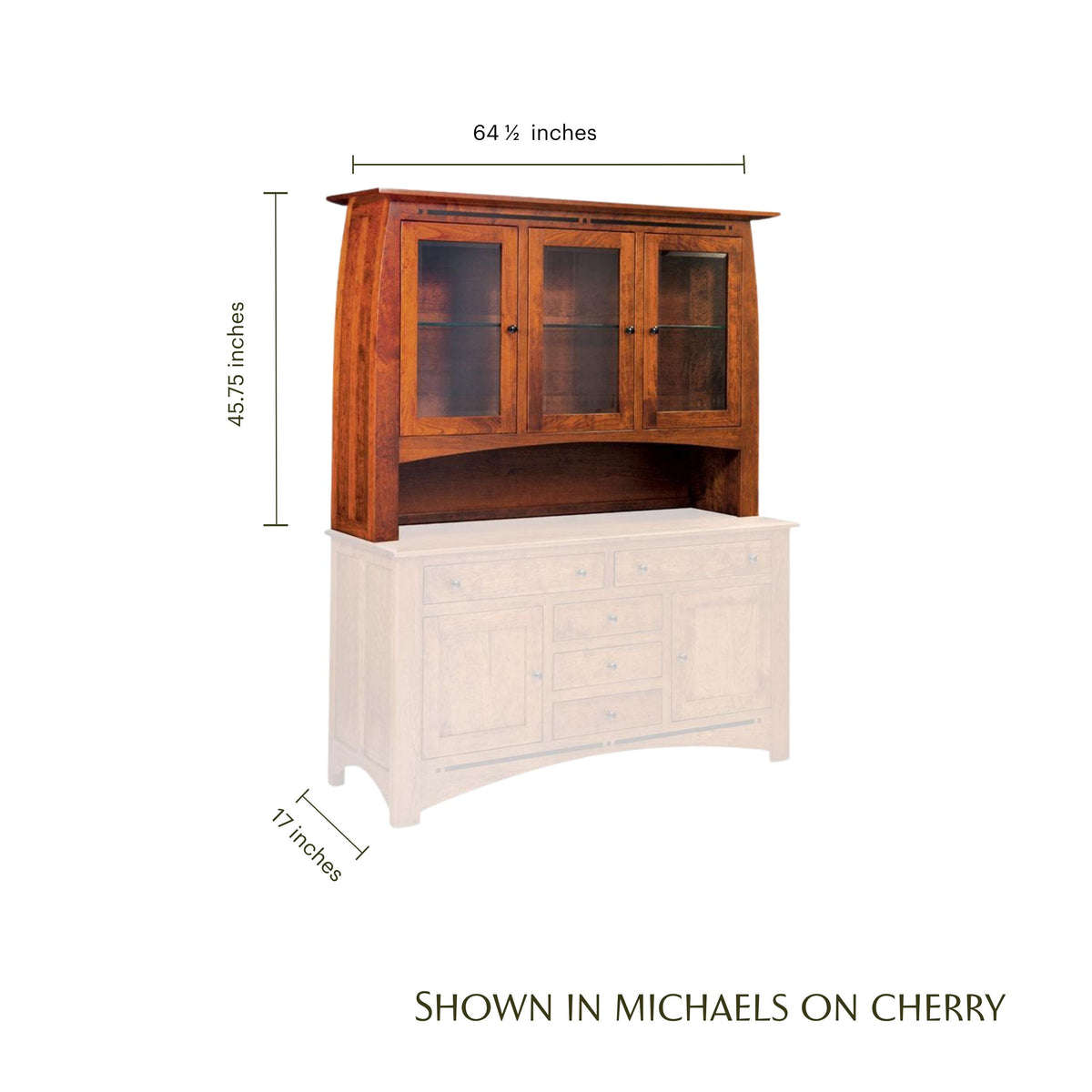 Aspen cherry wood hutch top with glass doors and dimensions.
