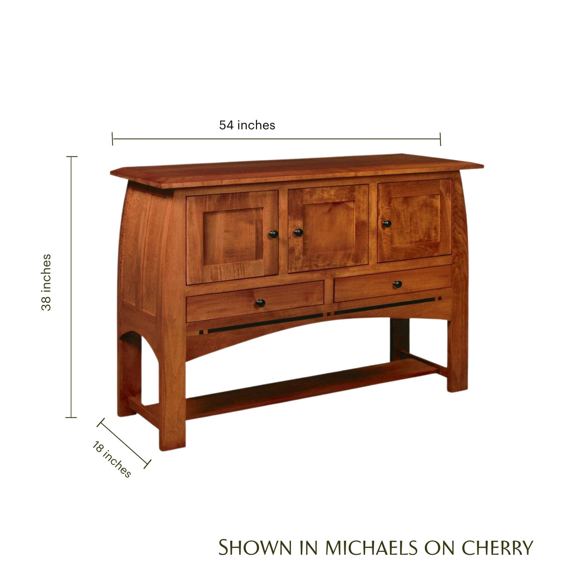 Aspen cherry wood sideboard with 3 doors, 2 drawers, and dimensions: 54" W x 38" H x 18" D.
