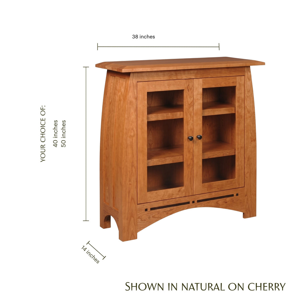 Aspen short cherry wood bookcase with glass doors and dimensions shown.