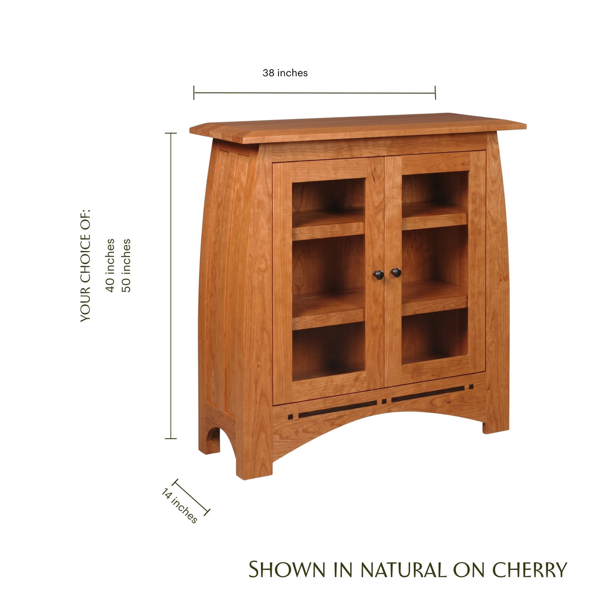 Aspen short cherry wood bookcase with glass doors and dimensions shown.
