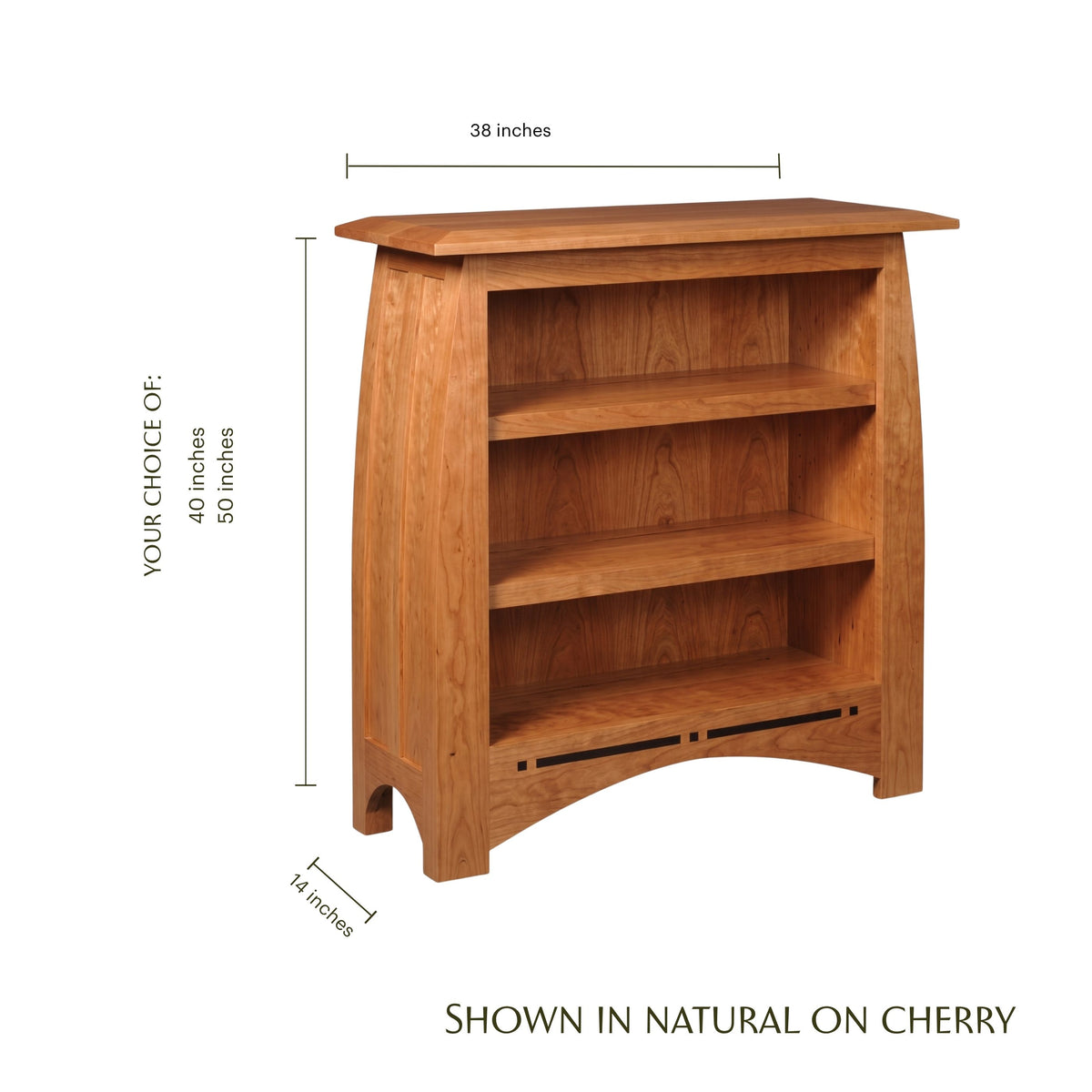 Aspen short bookcase in natural cherry wood with dimensions shown.