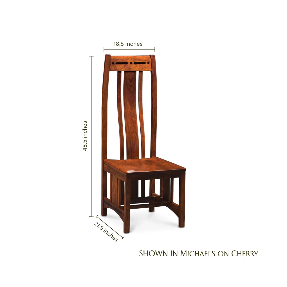 Aspen cherry wood side chair with dimensions: 48.5" height, 18.5" width, 21.5" depth.