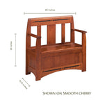 Aspen small storage bench in smooth cherry wood with dark inlay detailing and dimensions.