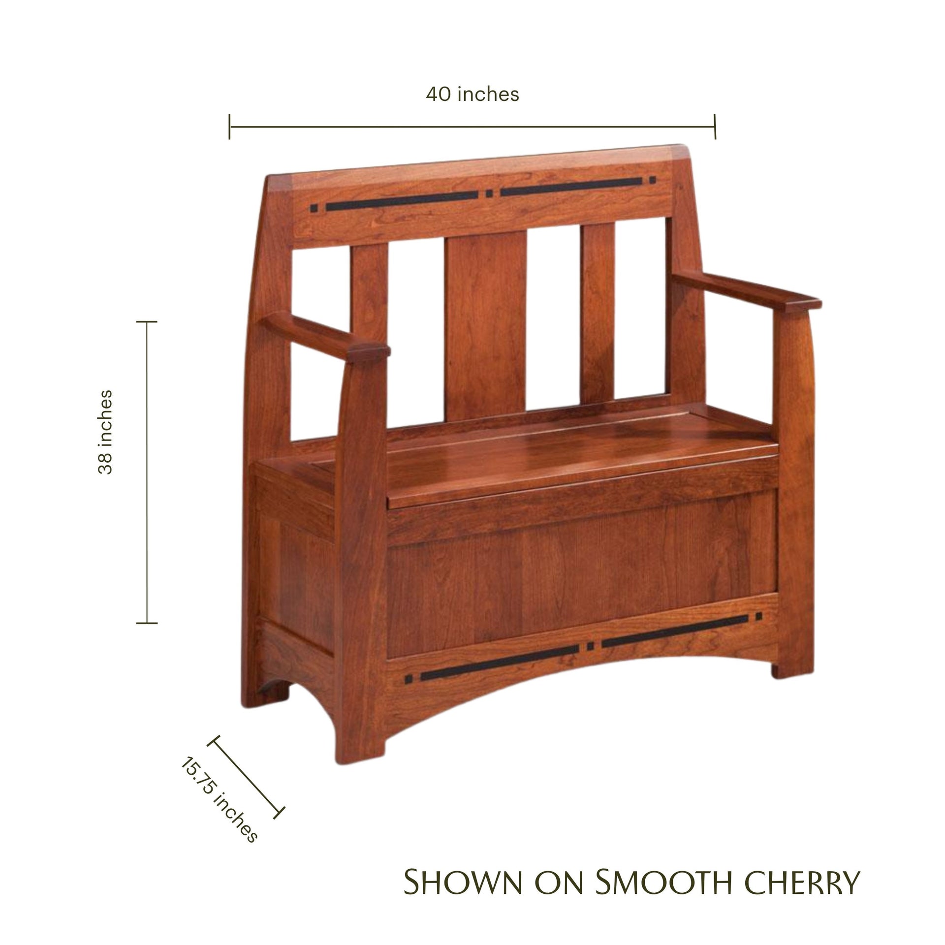 Aspen small storage bench in smooth cherry wood with dark inlay detailing and dimensions.