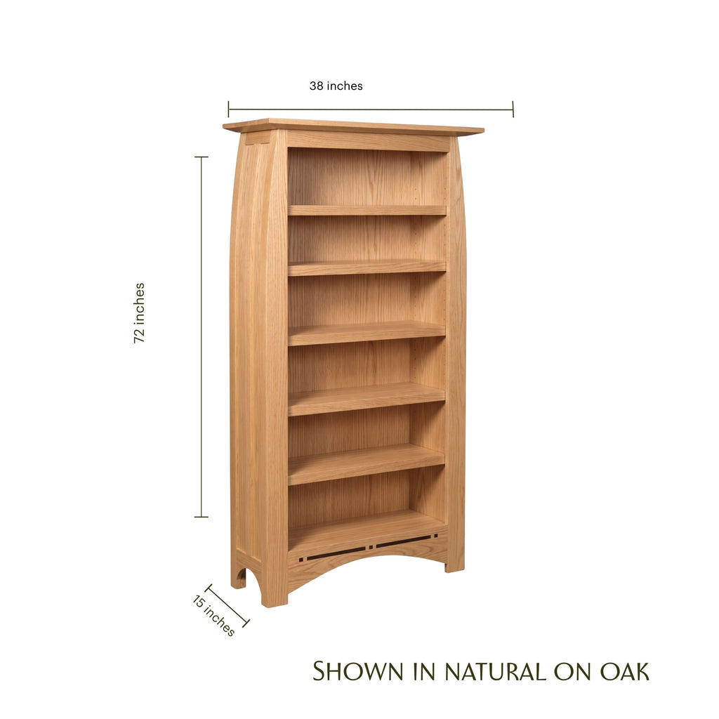 Aspen tall solid oak bookcase with dimensions of 72 inches high by 38 inches wide.