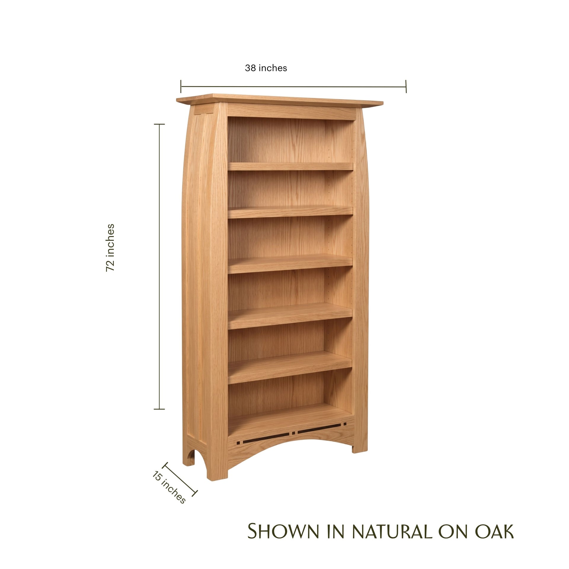 Aspen tall solid oak bookcase with dimensions of 72 inches high by 38 inches wide.
