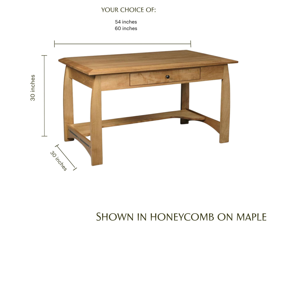 Aspen solid wood writing desk in honeycomb maple with dimensions and inlay detail.