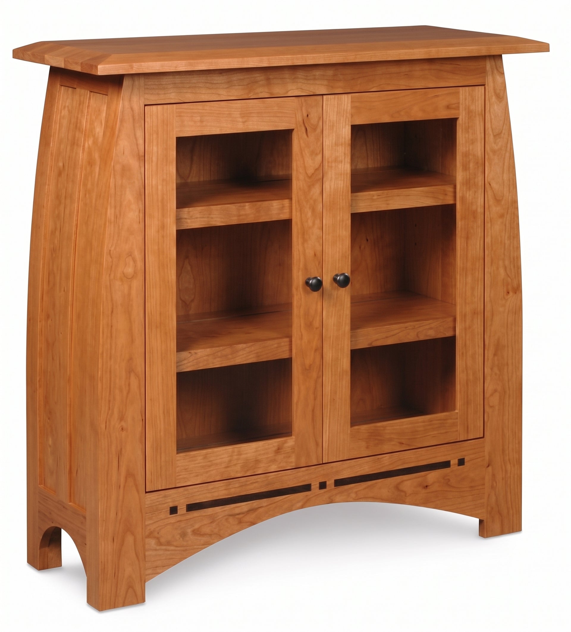 Aspen short craftsman bookcase in warm cherry wood with glass doors and inlay details.