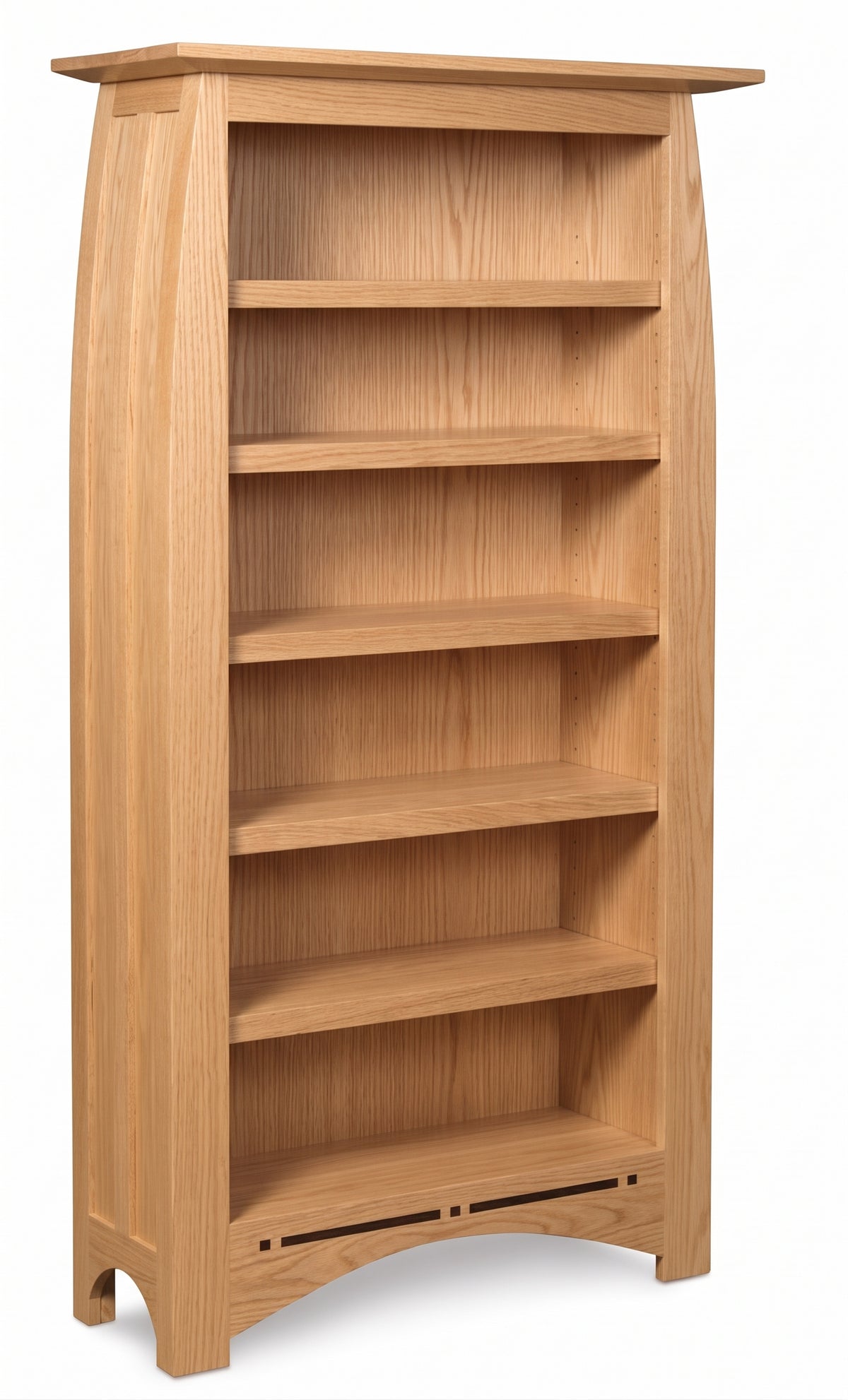 Aspen tall light oak bookcase with craftsman inlay details and six shelves.