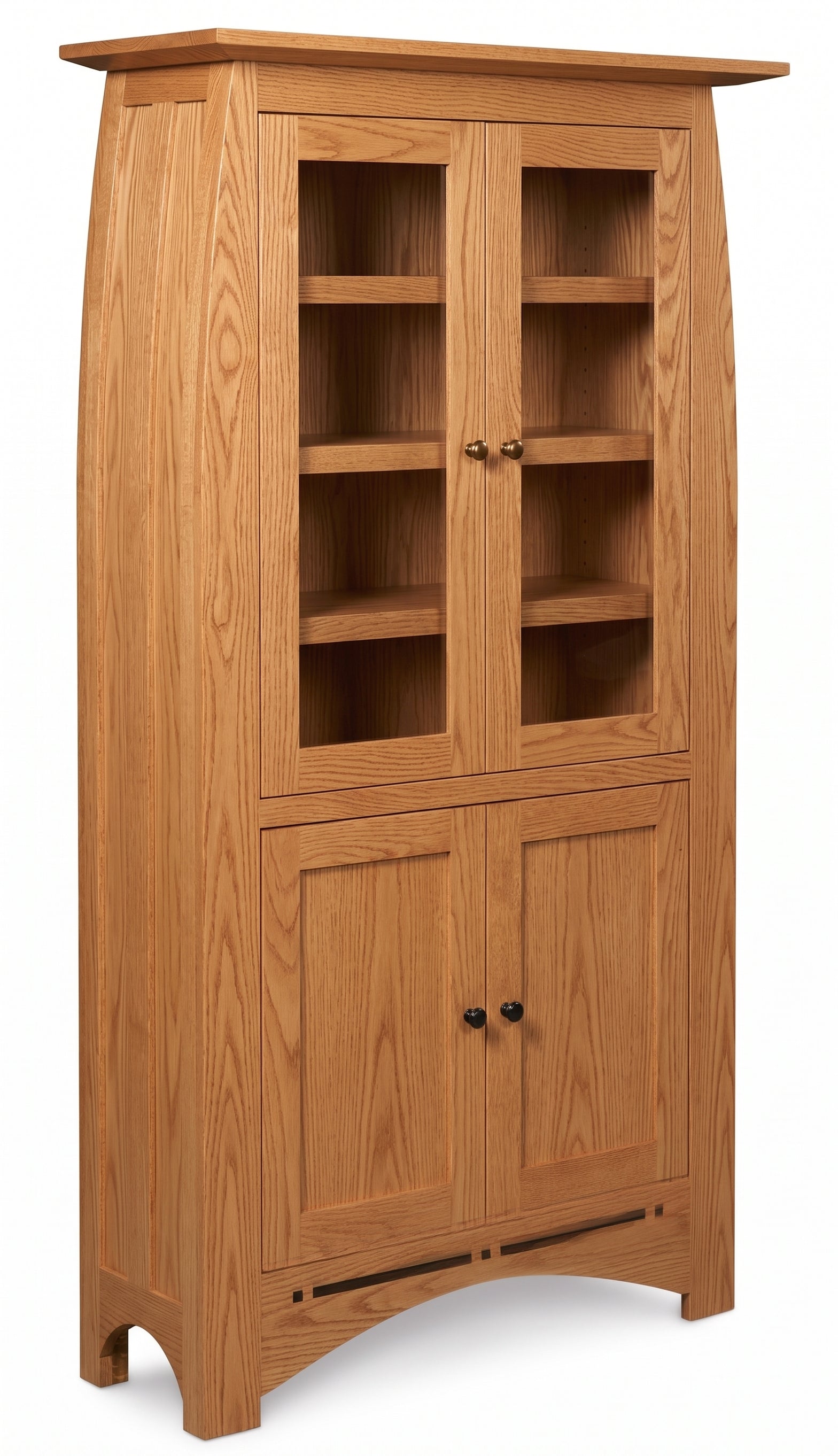 Aspen tall solid oak bookcase with glass doors, wood cabinets, and craftsman details.