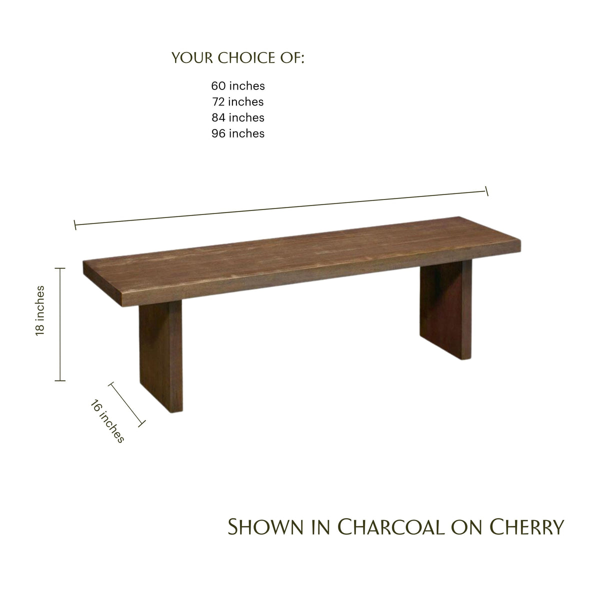 Auburn Bay wooden bench in charcoal on cherry finish with dimensions.