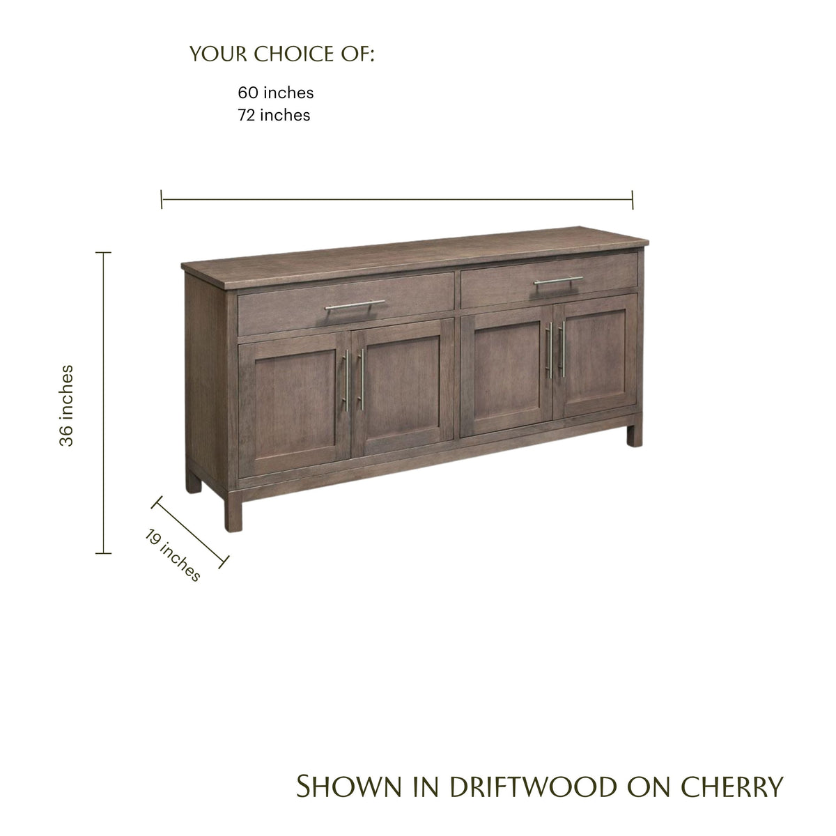 Auburn Bay wooden buffet in driftwood finish with dimensions shown