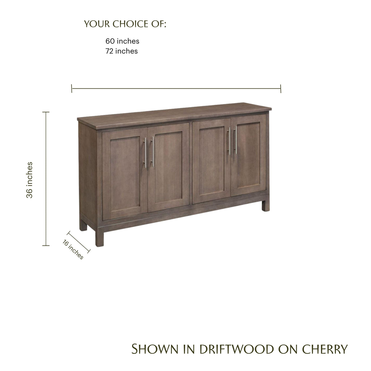 Auburn Bay Credenza in driftwood on cherry wood with dimension lines.