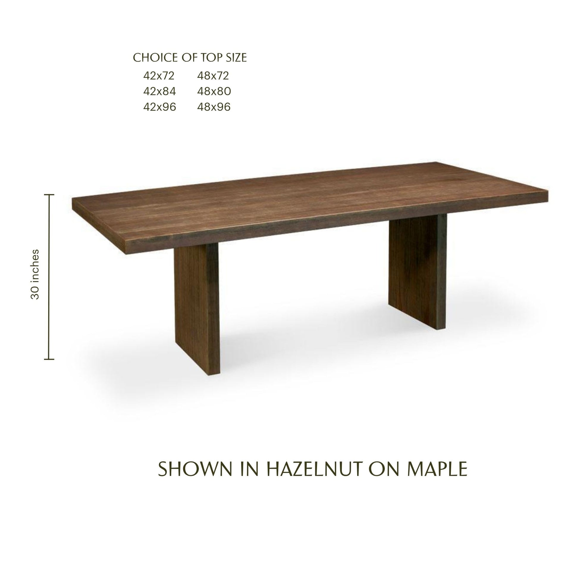 Auburn Bay trestle dining table in hazelnut-finished maple wood.