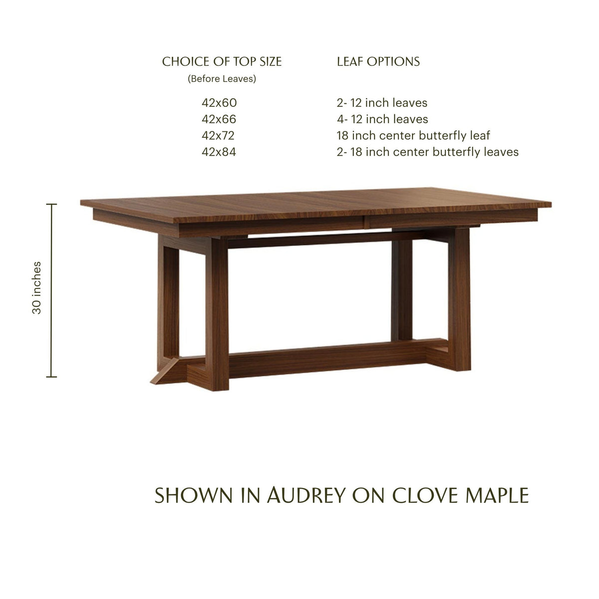 Audrey solid hardwood trestle dining table in clove maple finish with sizing options.