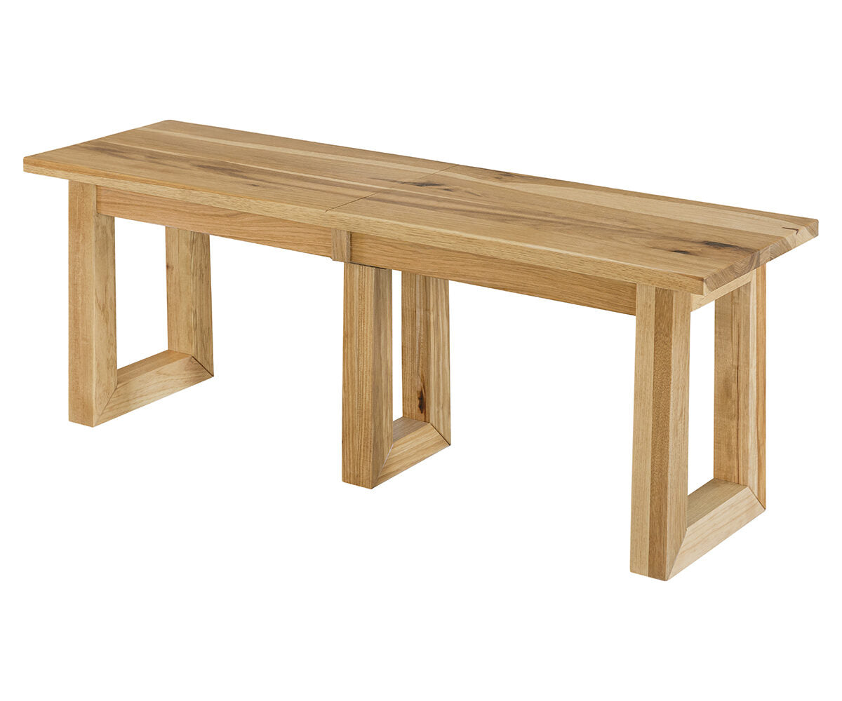 Audrey solid hardwood dining bench with natural wood grain and three rectangular legs.