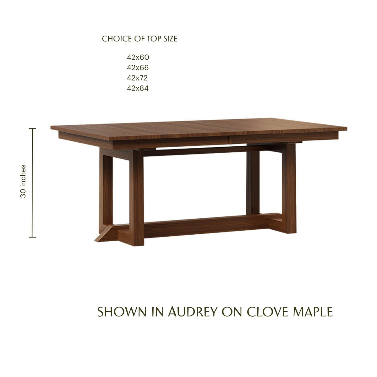 Audrey solid top trestle dining table in clove maple wood, 30 inches tall.