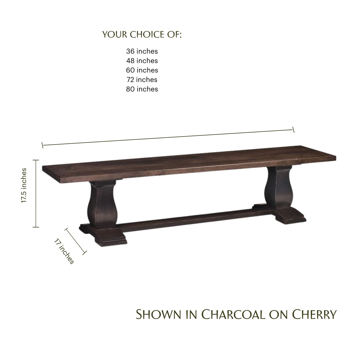 Avalon wooden dining bench in charcoal on cherry with pedestal legs and size dimensions.