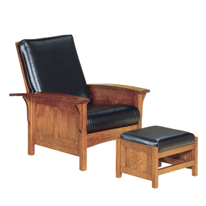 Bent arm wood Morris chair with black leather and quarter sawn oak