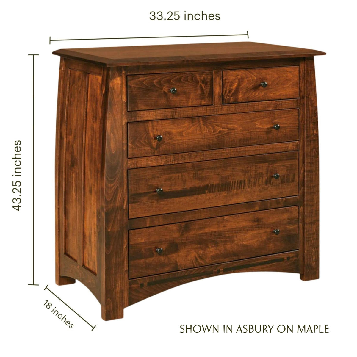 Artisan Inlay 5-drawer chest in brown Asbury-stained maple wood with dimensions