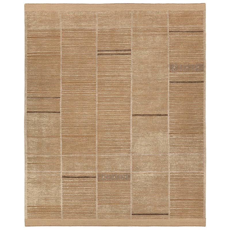 Bezem hand-knotted wool rug in beige and brown with a textured, linear grid pattern.