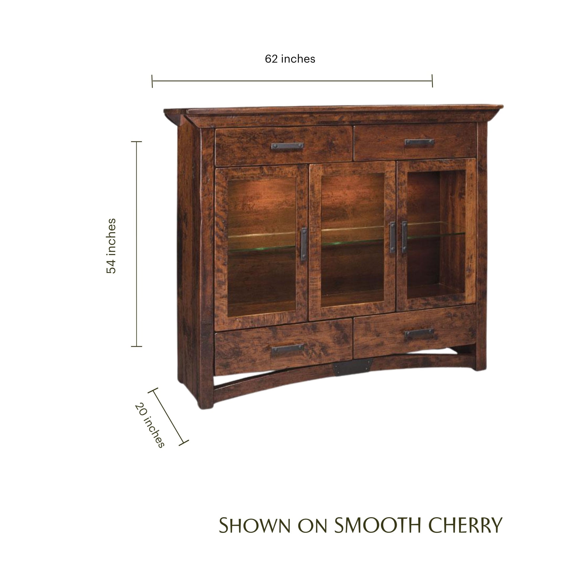 B&O Railroad Trestle Bridge 3-door console cabinet in smooth cherry wood with dimensions.