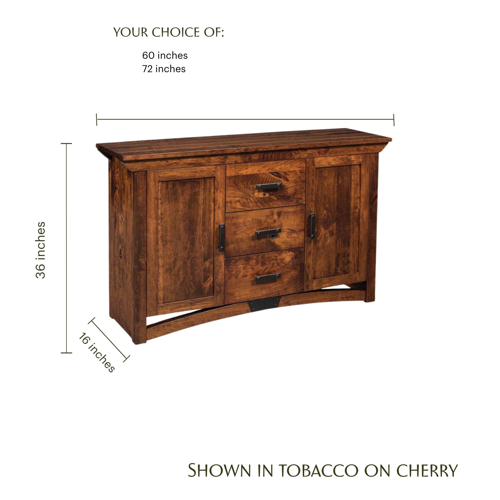 B&O Railroad Trestle Bridge Buffet in tobacco on cherry wood with dimensions.
