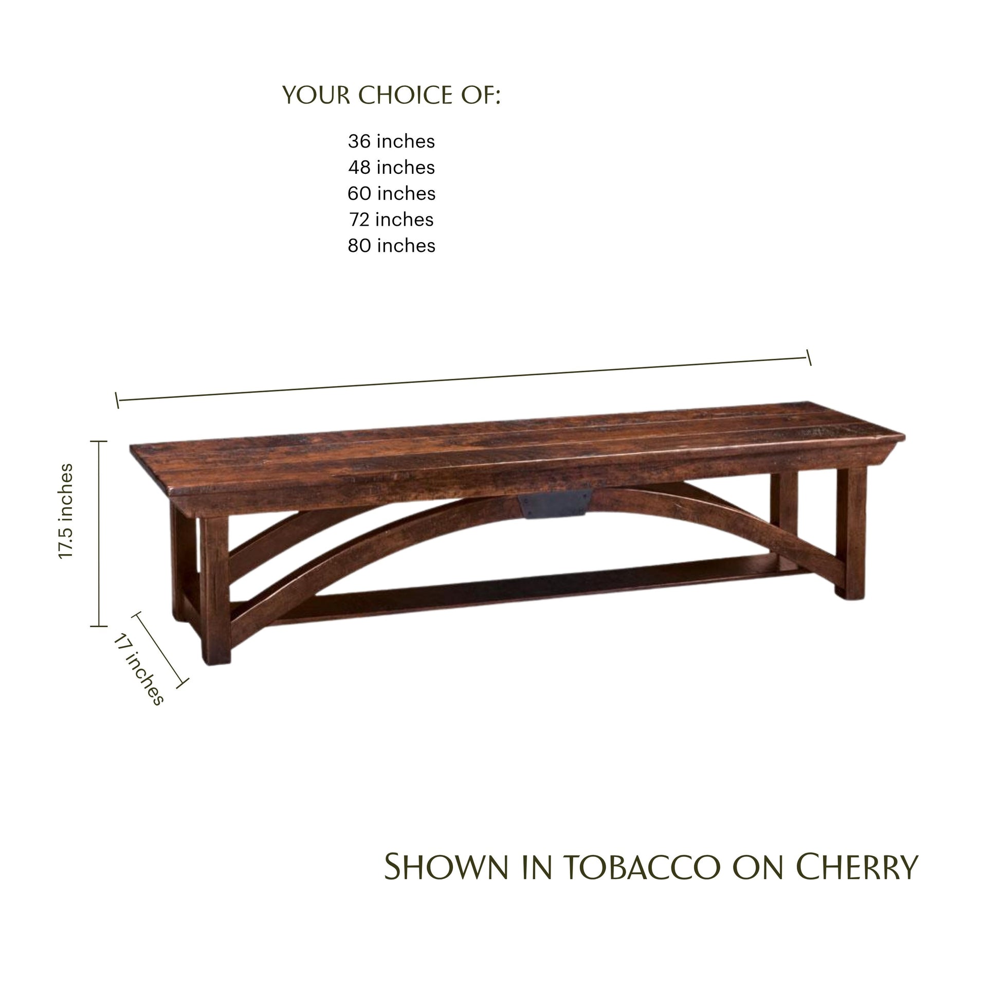 Rustic tobacco on cherry B&O Railroad trestle dining bench with dimensions and size options.