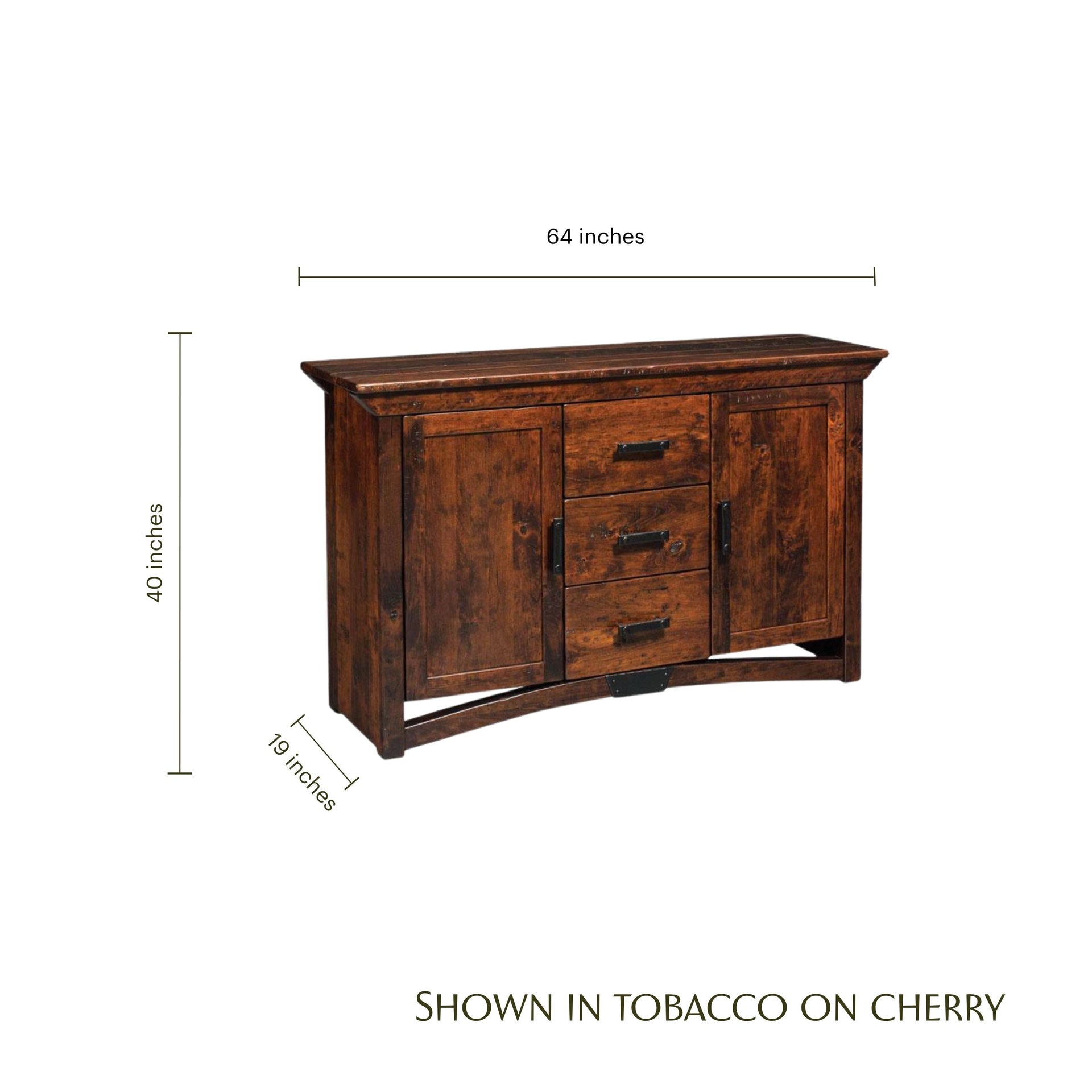 Amish-made tobacco on cherry wood hutch base with dimensions 64" x 40" x 19