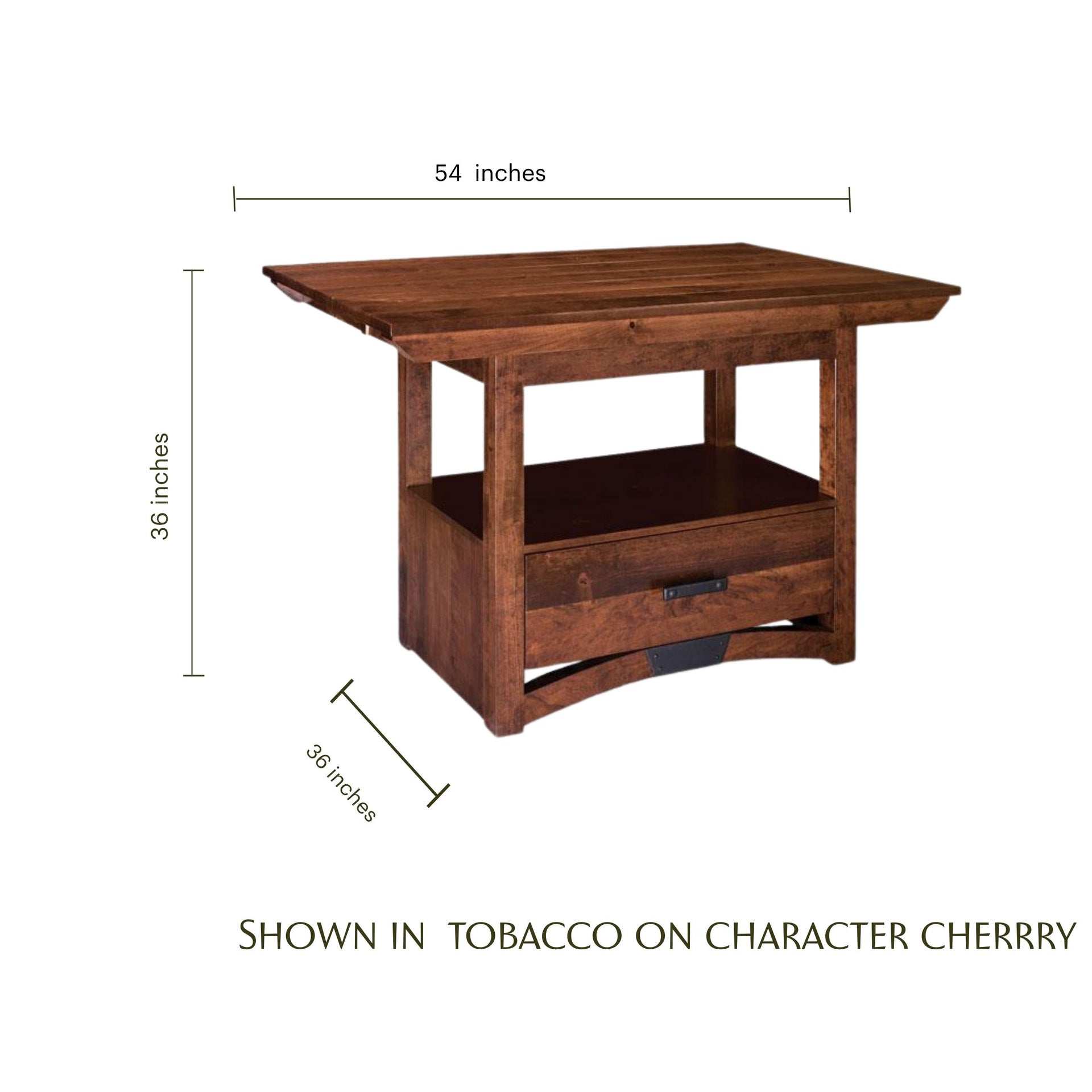 Amish style cherry wood kitchen island table in tobacco finish with dimensions 54x36x36 inches.