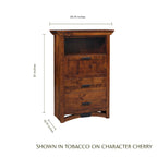 B&O Railroad cherry wood laptop cabinet in tobacco finish with dimensions.