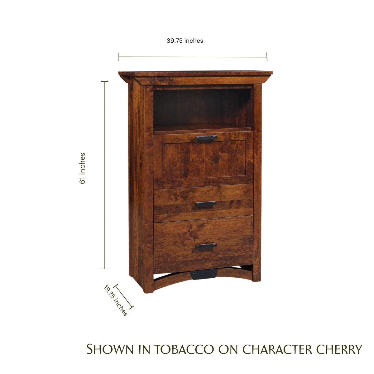 B&O Railroad cherry wood laptop cabinet in tobacco finish with dimensions.